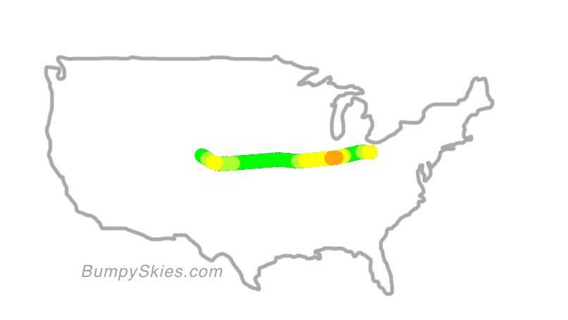 Map of continental US with illustrated flight path and turbulence forecast (described in text below)