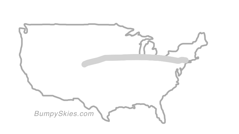 Map of continental US with illustrated flight path and turbulence forecast (described in text below)