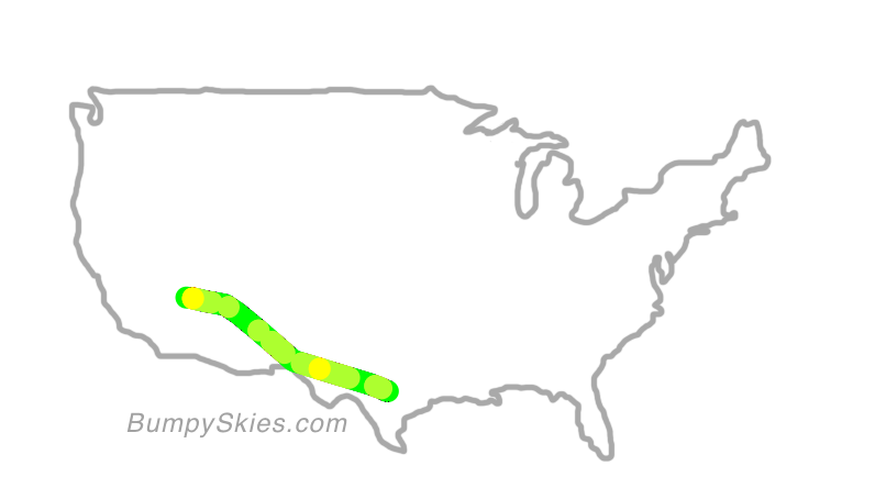 Map of continental US with illustrated flight path and turbulence forecast (described in text below)