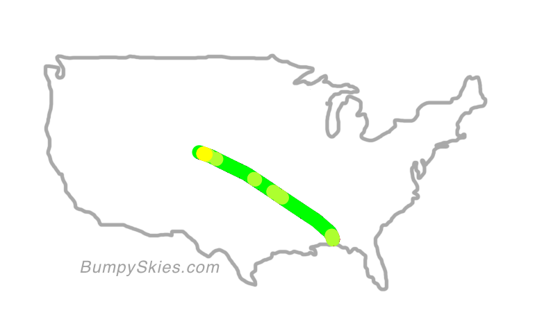 Map of continental US with illustrated flight path and turbulence forecast (described in text below)