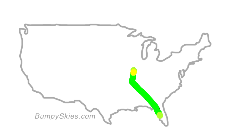 Map of continental US with illustrated flight path and turbulence forecast (described in text below)