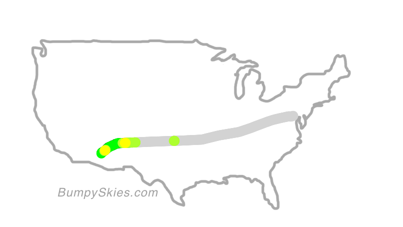 Map of continental US with illustrated flight path and turbulence forecast (described in text below)