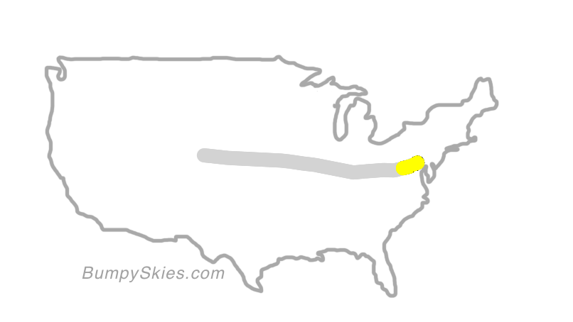 Map of continental US with illustrated flight path and turbulence forecast (described in text below)