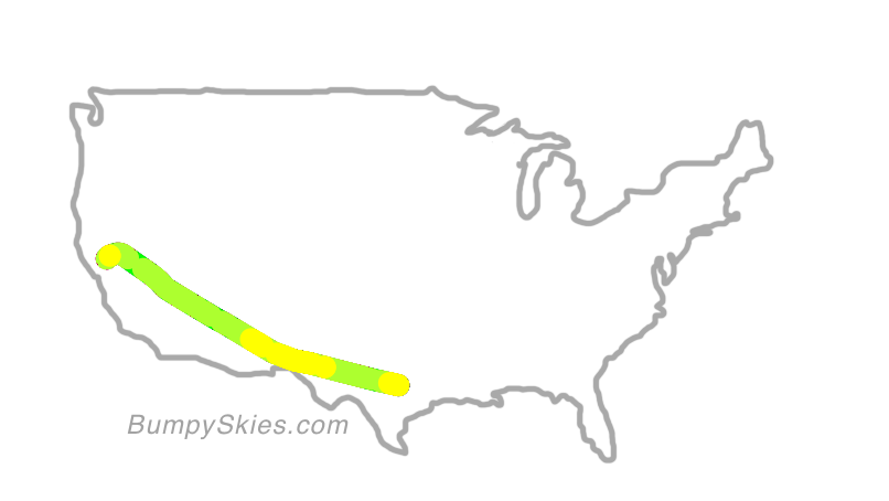 Map of continental US with illustrated flight path and turbulence forecast (described in text below)