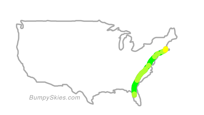 Map of continental US with illustrated flight path and turbulence forecast (described in text below)