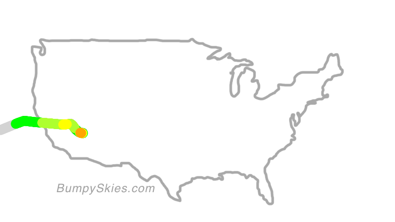 Map of continental US with illustrated flight path and turbulence forecast (described in text below)