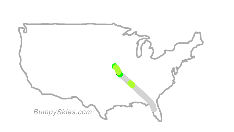 Map of continental US with illustrated flight path and turbulence forecast (described in text below)