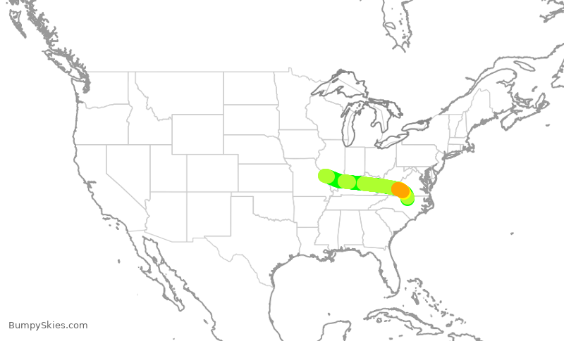 Turbulence forecast map for SWA3810, STL to RDU