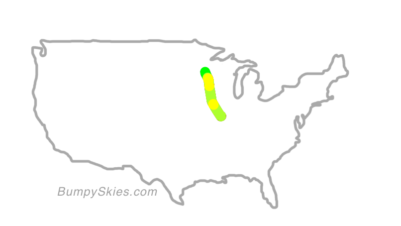 Map of continental US with illustrated flight path and turbulence forecast (described in text below)