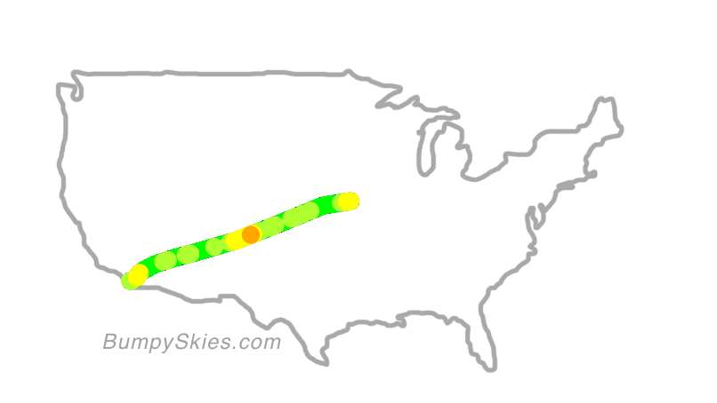 Map of continental US with illustrated flight path and turbulence forecast (described in text below)