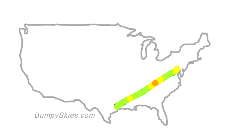 Map of continental US with illustrated flight path and turbulence forecast (described in text below)