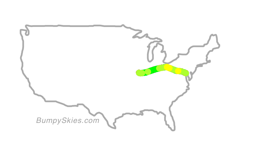 Map of continental US with illustrated flight path and turbulence forecast (described in text below)