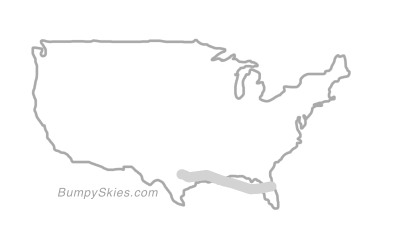 Map of continental US with illustrated flight path and turbulence forecast (described in text below)