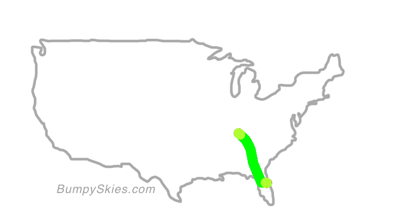 Map of continental US with illustrated flight path and turbulence forecast (described in text below)
