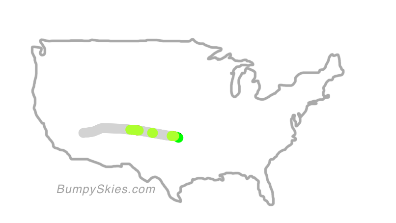 Map of continental US with illustrated flight path and turbulence forecast (described in text below)