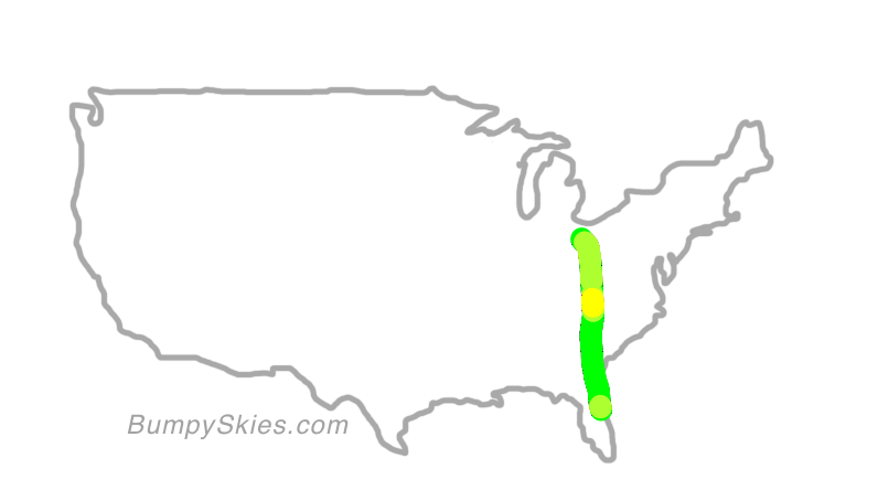 Map of continental US with illustrated flight path and turbulence forecast (described in text below)