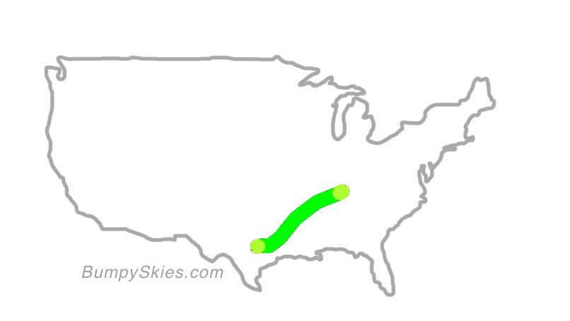 Map of continental US with illustrated flight path and turbulence forecast (described in text below)