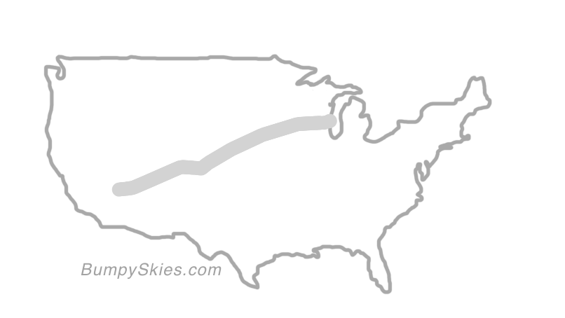 Map of continental US with illustrated flight path and turbulence forecast (described in text below)