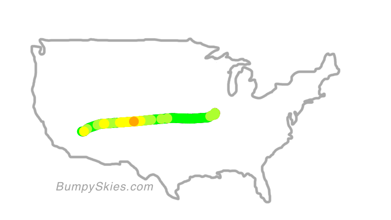 Map of continental US with illustrated flight path and turbulence forecast (described in text below)