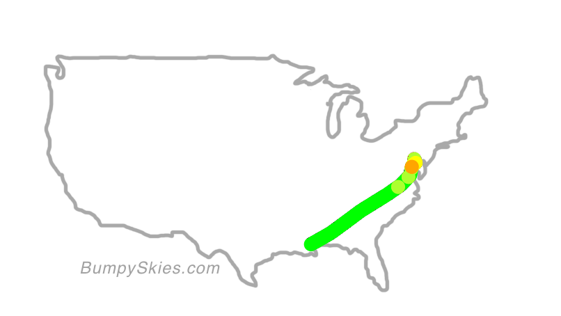 Map of continental US with illustrated flight path and turbulence forecast (described in text below)