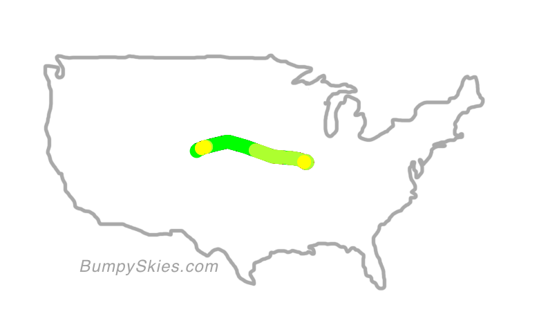 Map of continental US with illustrated flight path and turbulence forecast (described in text below)