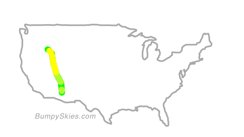 Map of continental US with illustrated flight path and turbulence forecast (described in text below)