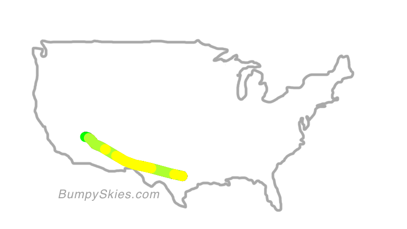 Map of continental US with illustrated flight path and turbulence forecast (described in text below)