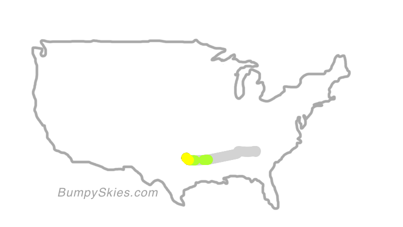 Map of continental US with illustrated flight path and turbulence forecast (described in text below)