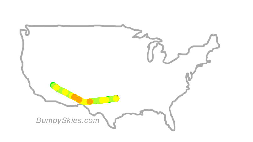 Map of continental US with illustrated flight path and turbulence forecast (described in text below)