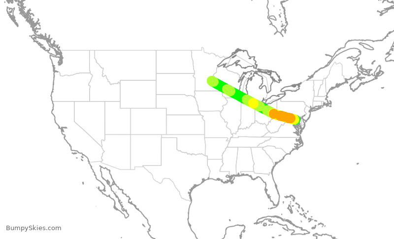 Turbulence forecast map for SWA3866, MSP to BWI