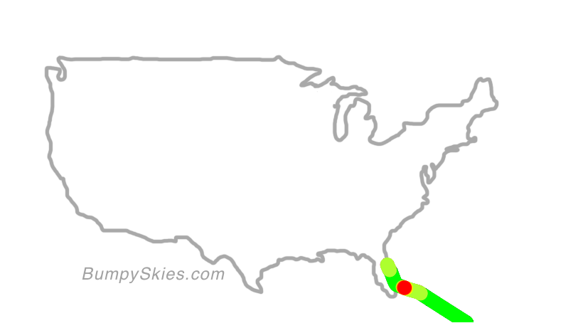 Map of continental US with illustrated flight path and turbulence forecast (described in text below)