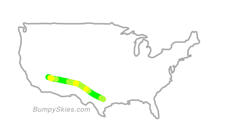 Map of continental US with illustrated flight path and turbulence forecast (described in text below)