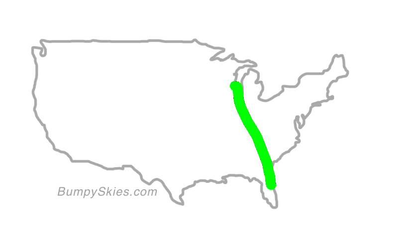 Map of continental US with illustrated flight path and turbulence forecast (described in text below)