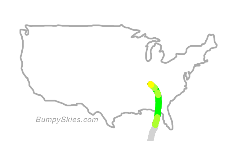 Map of continental US with illustrated flight path and turbulence forecast (described in text below)