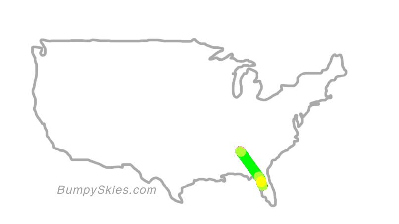 Map of continental US with illustrated flight path and turbulence forecast (described in text below)