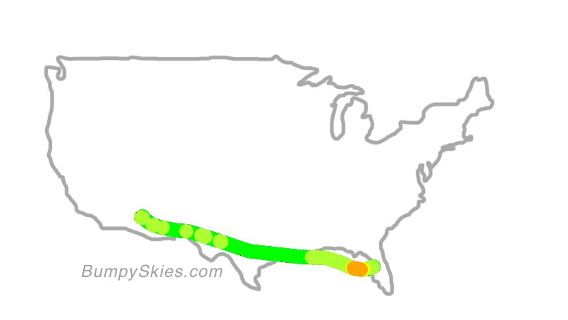 Map of continental US with illustrated flight path and turbulence forecast (described in text below)