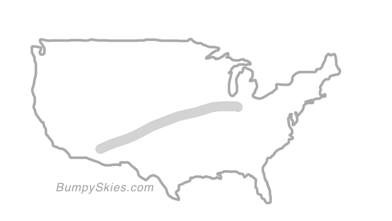 Map of continental US with illustrated flight path and turbulence forecast (described in text below)