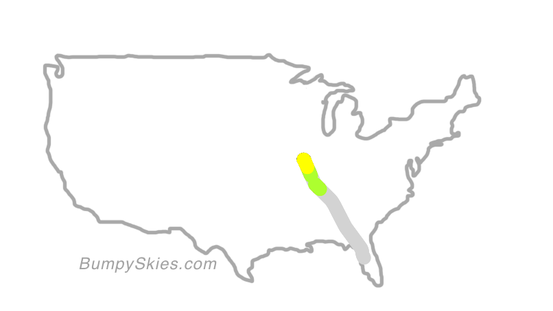Map of continental US with illustrated flight path and turbulence forecast (described in text below)