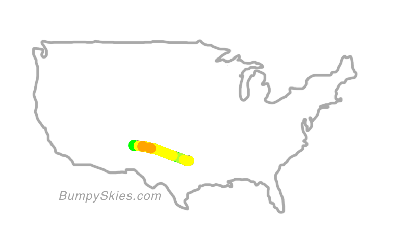 Map of continental US with illustrated flight path and turbulence forecast (described in text below)
