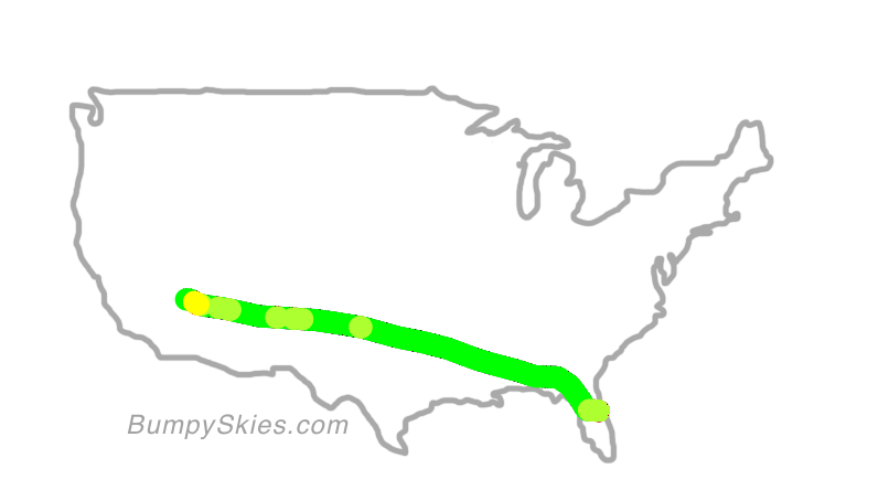 Map of continental US with illustrated flight path and turbulence forecast (described in text below)