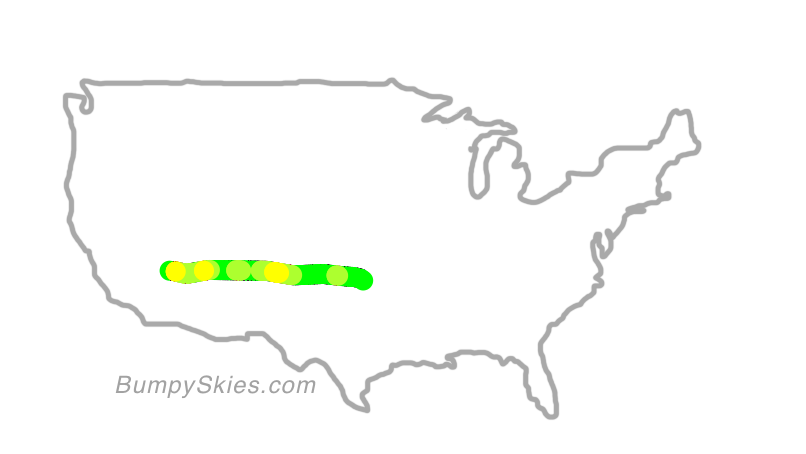 Map of continental US with illustrated flight path and turbulence forecast (described in text below)