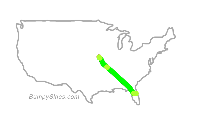 Map of continental US with illustrated flight path and turbulence forecast (described in text below)