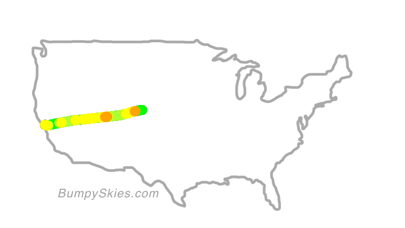 Map of continental US with illustrated flight path and turbulence forecast (described in text below)