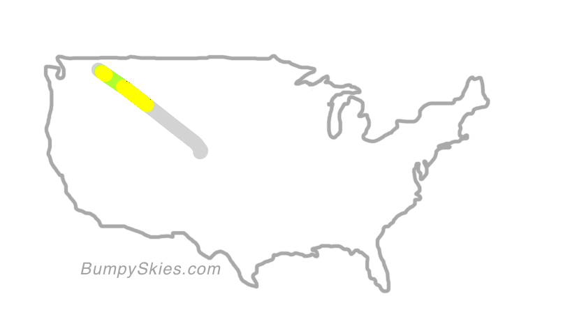 Map of continental US with illustrated flight path and turbulence forecast (described in text below)