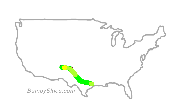 Map of continental US with illustrated flight path and turbulence forecast (described in text below)