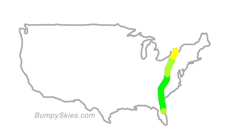 Map of continental US with illustrated flight path and turbulence forecast (described in text below)