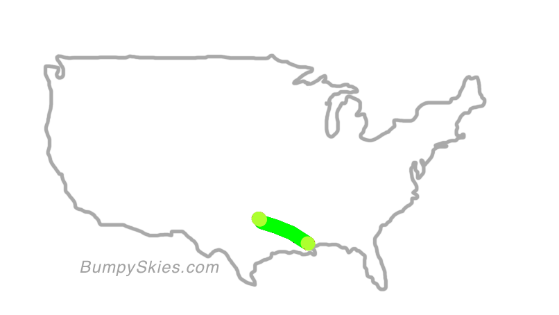 Map of continental US with illustrated flight path and turbulence forecast (described in text below)