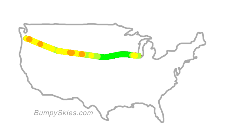 Map of continental US with illustrated flight path and turbulence forecast (described in text below)