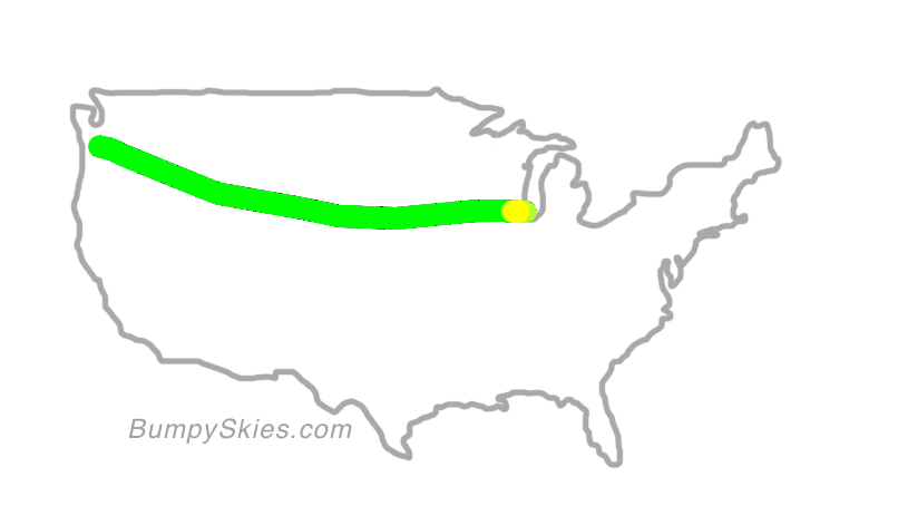 Map of continental US with illustrated flight path and turbulence forecast (described in text below)