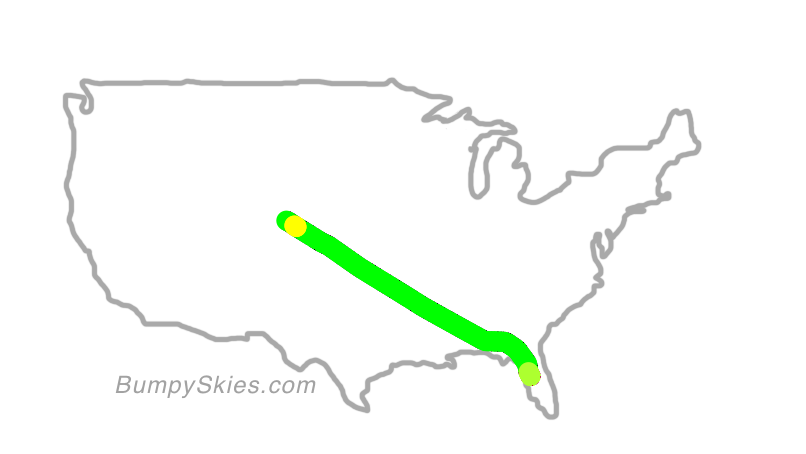 Map of continental US with illustrated flight path and turbulence forecast (described in text below)